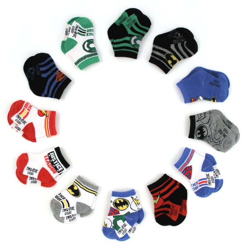 DC Comics Baby Boys/Girls 12 Pack Socks: Batman, Wonder Woman, Superman, Justice League, Super Girl, Size Age 0-6M, Green/Blue/Red Justice League - Image 4